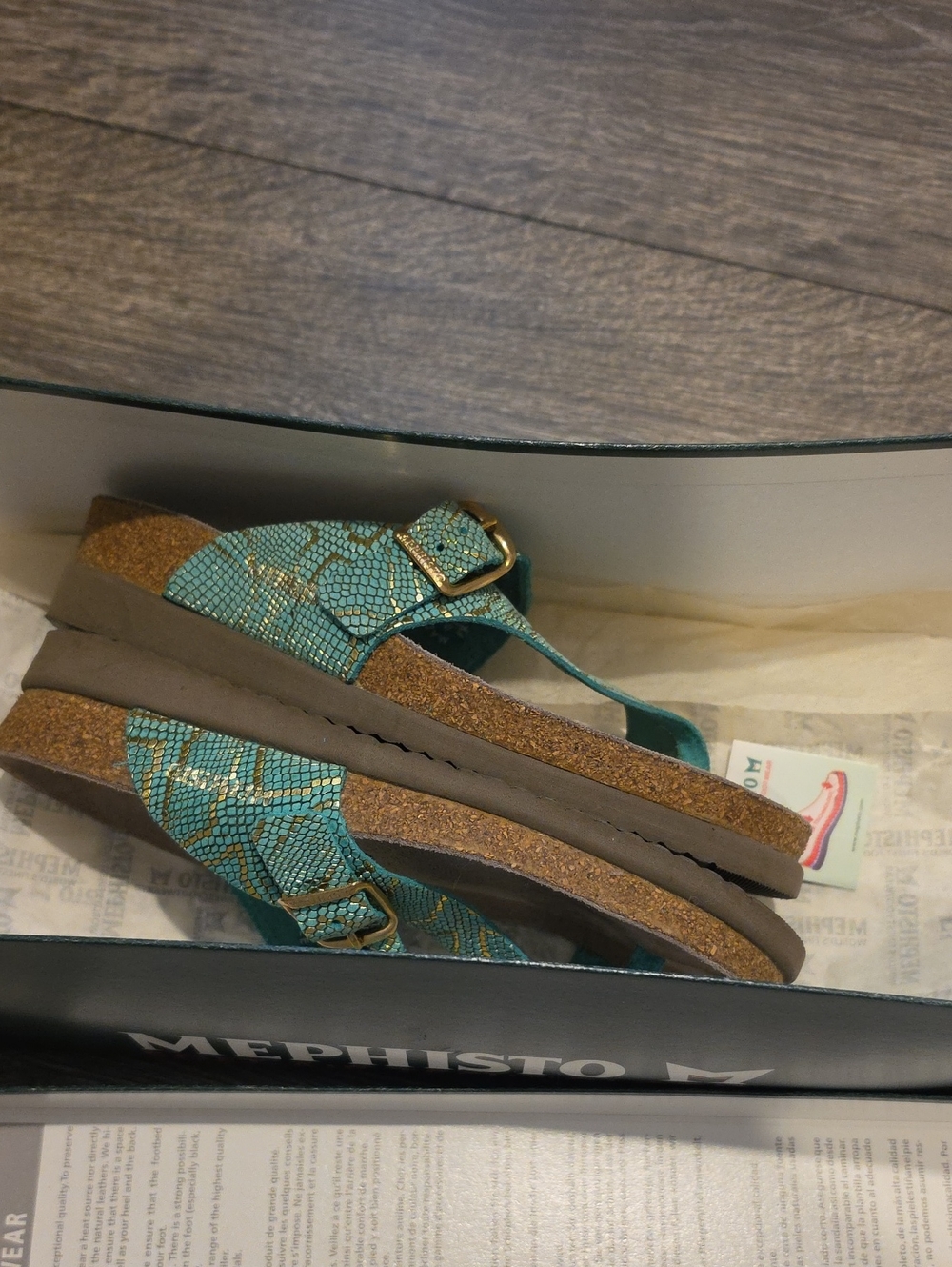 Mephisto Teal Snake-Print Cork Footbed Thong Sandals with Gold Buckles